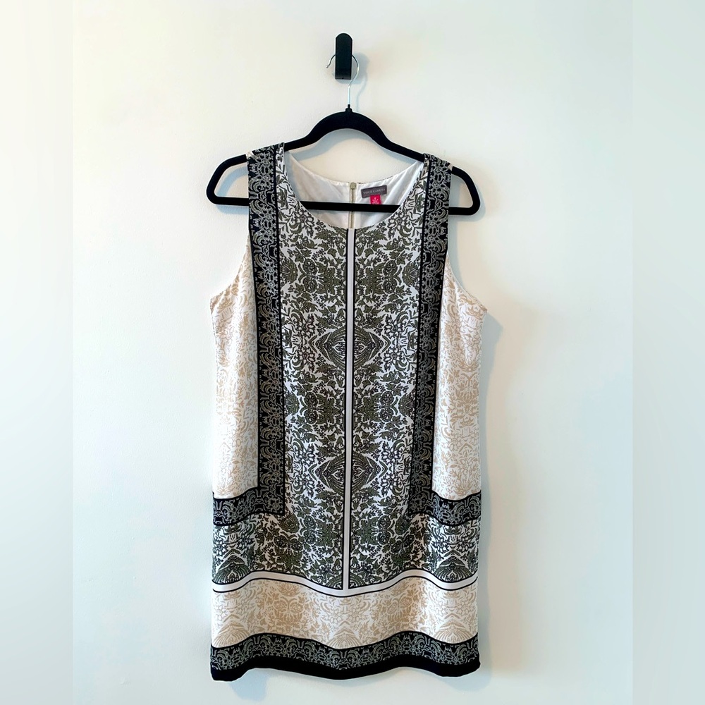 Vince Camuto Elegant Black/Cream Patterned Sleeveless Lined Sheath Dress Size 12